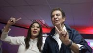 Salvador Nasralla, presidential candidate for the Opposition Alliance Against the Dictatorship gestures with his wife Iroshka Elvir as he speaks to supporters after the presidential election in Tegucigalpa, Honduras November 27, 2017. REUTERS/Jorge Cabrer