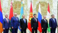 From L: Armenian President Serzh Sargsyan, Belarus' President Alexander Lukashenko, Kazakh President Nursultan Nazarbayev, Kyrgyz President Sooronbai Jeenbekov, Russian President Vladimir Putin and Tajik President Emomali Rakhmon pose for a family photo d