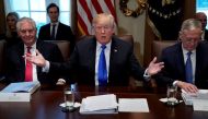 U.S. President Donald Trump, flanked by Secretary of State Rex Tillerson and Defense Secretary James Mattis, holds a cabinet meeting at the White House in Washington, U.S., December 20, 2017. REUTERS/Jonathan Ernst