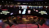 A sign at Barcelona Football Club store advertises the upcoming 