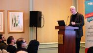 Professor Joe Haslam , Executive Director of the Owners Scaleup Program at IE Business School, speaking at the QBIC’s speaker series session at the Four Seasons Hotel. 
