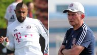 (COMBO) Arturo Vidal (L) and coach Jupp Heynckes during their winter training camp at the Aspire Academy for Sports Excellence in the Qatari capital Doha on January 5, 2018. / AFP / KARIM JAAFAR