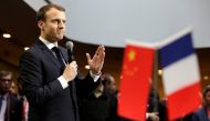 French President Emmanuel Macron speaks at a France-Chinese forum on the applications of artificial intelligence at SOHO 3Q in Beijing, China January 9, 2018. Reuters/Jason Lee
