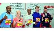 FROM LEFT: Marathoners Abdi Abdirahman, Gemma Steele, four-time Olympic champion Sir Mo Farah, Arne Gabius, and Michael Shelley pose for a photograph following a press conference ahead of the Ooredoo Doha Marathon at  Sheraton Park in Doha yesterday. Pic: