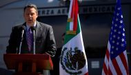 John Feeley speaks during a ceremony at a hangar of the Secretariat of National Defense in Mexico City, November 8, 2010. Reuters/Eliana Aponte