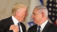 US President Donald Trump (L) and Israel's Prime Minister Benjamin Netanyahu shaking hands after delivering a speech at the Israel Museum in Jerusalem on May 23, 2017.  AFP / Gil Cohen-Magen