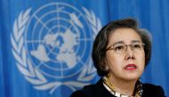 Special Rapporteur on the situation of human rights in Myanmar, Yanghee Lee addresses a news conference after her report to the Human Rights Council at the United Nations in Geneva, Switzerland, March 13, 2017. Reuters/Denis Balibouse