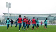 Qatar Under-23 football team players taking part in a training session ahead of their AFC Asian Cup Under-23 quarterfinal match against Palestine on Friday.