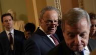 WASHINGTON: U.S. Senate Minority Leader Sen. Chuck Schumer (D-NY) (2nd R) and Senate Minority Whip Sen. Dick Durbin (D-IL) (R) during a media briefing after a weekly Senate Democratic Policy Luncheon January 23, 2018 at the U.S. Capitol in Washington, DC.