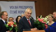 Pro-Russian incumbent Milos Zeman (C) gives a speech as he celebrates his victory with his staff members after he was reelected Czech President on January 27, 2018 at the Top hotel in Prague. (AFP / RADEK MICA)