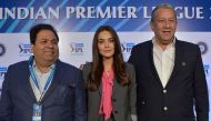 Bollywood actress and owner of Kings XI Punjab Team, Preity Zinta (C), Indian Premier League chairman Rajeev Shukla (L) and Chairman & CEO, Rajasthan Royals, Ranjit Barthakur pose for a photograph after a press conference held on the 2nd day of IPL 2018 P