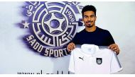 Akram Afif poses with the Al Sadd shirt  during his unveiling ceremony in Doha yesterday.
