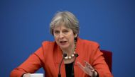 British Prime Minister THERESA May speaks during the inaugural meeting of the UK-China CEO Council at the Great Hall of the People in Beijing, China January 31, 2018. REUTERS/Mark Schiefelbein/Pool	