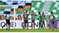 Al Duhail skipper Youssef Msakni (centre) celebrates with team-mates after scoring his third goal against Al Ahli during their QNB Stars League match played at Al Ahli Stadium yesterday. Picture: Baher Amin/The Peninsula