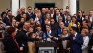 Cypriot President Nicos Anastasiades (C) delivers a speech after casting his ballot at a polling station in the coastal city of Limassol on February 4, 2018 during the second round of the Cyprus presidential elections. AFP / Amir Makar  
