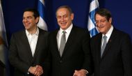 Israeli PM Benjamin Netanyahu hosts Greek PM Alexis Tsipras and Cypriot President Nicos Anastasiades during a trilateral meeting in Jerusalem on December 8, 2016.  AFP / Gali Tibbon