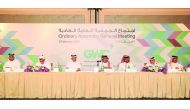Sheikh Abdulla bin Fahad bin Jassim bin Jabor Al Thani, (centre) Chairman, Gulf Warehousing Company; and Sheikh Fahad bin Hamad bin Jassim bin Jabor Al Thani, (third right) Vice Chairman with other board members  during the Ordinary Assembly General meeti