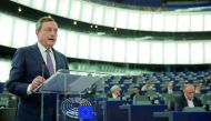 European Central Bank (ECB) President Mario Draghi delivers a speech during a debate on the ECB annual report for 2016 at the European Parliament in Strasbourg, France, yesterday.