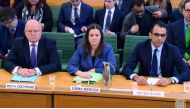 A video grab from footage broadcast by the UK Parliament's Parliamentary Recording Unit (PRU) on February 6, 2018 shows (L-R) Carillion CEO, Keith Cochrane, Finance director Emma Mercer and formeer Finance director Zafer Khan answering questions at a join