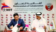 Sheikh Hamad bin Khalifa bin Ahmed Al Thani, President of the Qatar Football Association and Qatar Football Association President, Ganbaatar Amgalanbaatar sign cooperation agreement towards a better future for football in Doha yesterday