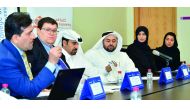 Dr Mohamed Abdulaziz Al Khulaifi (third left), Dean of LAWC; Dr Khalifa Al Khalifa (fourth left), Dean of CENG, with other officials addressing a press conference at Qatar University, yesterday. 