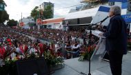 Mexican presidential pre-candidate Andres Manuel Lopez Obrador of the National Regeneration Movement (MORENA) delivers a speech to supporters during the closure of his pre-campaigns in Guadalajara City, Mexico February 11, 2018. Picture taken February 11,