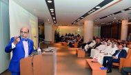  Dr R Seetharaman, CEO of Doha Bank addressing the event at the bank’s auditorium yesterday.