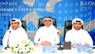 Salah bin Ghanem Al Ali, (centre), Chairman, Barwa Real Estate Group; with Issa Mohammed Al Mohannadi (left), Vice Chairman of the Group; and Salman Mohammed Al Mohannadi, Group CEO during the Ordinary and Extraordinary  General assembly meeting, here, ye