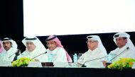 The Chairman of Gulf International Services, Sheikh Khalid bin Khalifa Al Thani (centre), with Vice Chairman, Suleiman Haidar Al Haidar (second left), Managing Director, Ebrahim Ahmed Al Mannai (right), and other members of board of directors, attending t