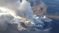 An aerial view shows Shinmoedake peak erupting between Miyazaki and Kagoshima prefectures, southwestern Japan, in this photo taken by Kyodo March 6, 2018. Kyodo/via Reuters