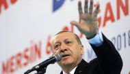President of Turkey and the leader of the Justice and Development Party (AK Party) Recep Tayyip Erdogan makes a speech during AK Party's 6th Ordinary Provincial Congress in Mersin, Turkey on March 10, 2018.  Anadolu
