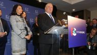 Progressive Conservatives leadership race candidate winner Doug Ford speaks with his wife Karla in Markham, Ontario, Canada, March 10, 2018. REUTERS/Fred Thornhill