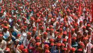 Indian farmers shout slogans as they listen to speakers at the site of a protest rally in Mumbai on March 12, 2018. AFP / Indranil Mukherjee 