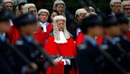 Police march past judges during a ceremony to mark the beginning of the legal year in Hong Kong, China January 8, 2018. Reuters/Bobby Yip