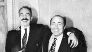 A picture taken on October 28, 1994 shows the general director of Avtovaz company Nikolai Glushkov (L) and the general director of the All-Russian Automobile Alliance (AVVA) Boris Berezovsky posing during a briefing in Moscow.  AFP / Kommersant Photo / An