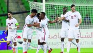 Qatar’s Abdulaziz Hatem Mohamed (third left) celebrates with team-mates after scoring a goal during their Tri-nation Friendly Tournament match played in Basra, Iraq on Saturday. 