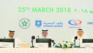 The Chairman of the Board of Directors of WOQOD Ahmad Saif Al Sulaiti (centre); Vice-Chairman Mohammed Nasser Mubarak Al Hajri (left); Chief Executive Officer, Saad Rashid Al Muhannadi at the company’s General Assembly Meeting, yesterday.   Pic: Abdul Bas