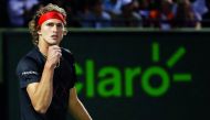 Alexander Zverev of Germany reacts after winning the first set against Nick Kyrgios of Australia (not pictured) on day eight of the Miami Open at Tennis Center at Crandon Park. Zverev won 6-4, 6-4. Credit: Geoff Burke / USA Today Sports