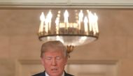 US President Donald Trump arrives to address the nation on the situation in Syria April 13, 2018 at the White House in Washington, DC. Trump said strikes on Syria are under way. AFP / Mandel Ngan 