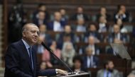 President of Turkey and the leader of the Justice and Development Party (AK Party) Recep Tayyip Erdogan gestures during AK Party's parliamentary group meeting at the Grand National Assembly of Turkey (TBMM) in Ankara, Turkey on April 17, 2018. Hakan Gökte