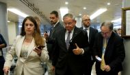Senator Robert Menendez (D-NJ) walks to the weekly Senate Democratic policy luncheon on Capitol Hill in Washington, U.S., April 17, 2018. Reuters/Joshua Roberts