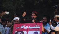 Leader of Pakistan's Pashtun Protection Movement (PTM) Manzoor Pastheen speaks during a demonstration in Lahore on April 22, 2018.  AFP / Arif Ali