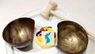 This undated picture released by the South Korean presidential Blue House on April 24, 2018 shows a mango mousse cake decorated with a garnish in the shape of a unified Korean peninsula, which will be served at the dinner of the upcoming inter-Korean summ