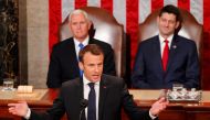 French President Emmanuel Macron gestures after addressing a joint meeting of Congress in the House chamber of the US Capitol in Washington US, April 25, 2018. Reuters/Brian Snyder