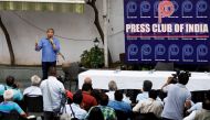 Ravish Kumar, journalist and senior executive editor at NDTV, addresses a group of journalists at the Press Club of India in New Delhi, India, April 3, 2018. Reuters/Saumya Khandelwal