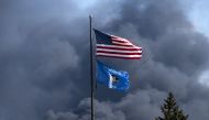 Smoke rises from a fire at the Husky Oil Refinery on April 26, 2018 in Superior, Wisconsin.  Stephen Maturen/Getty Images/AFP