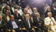 Deputy Chair of the Palestinian Legislative Committee (PLC) Ahmad Mohammad Bahar (C) attends a press conference in Gaza City, Gaza on April 29, 2018. Highest level executive body of Palestine Liberation Organization (PLO), Palestinian national council's m