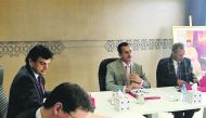Sheikh Dr Khalid bin Thani Al Thani (second right), Chairman of Umnia Bank; the board member Dr Abdulbasit Ahmad Al Shaibei (second left) and other officials attending the ordinary general assembly of the bank in Casablanca. 