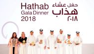 The winners of the respective Tours, Dressage levels and  Future Riders categories of the 12-leg hathab Series pose for a photograph with Vice President of the Qatar Olympic Committee (QOC) Dr. Thani Al Kuwari (Fifth left) during the season-ending gala di