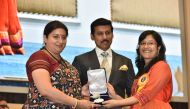 Juhi Bhatt receives the award for best film on social issues (shared) for the movie Veil Done from Information and Broadcasting Minister Smriti Irani 